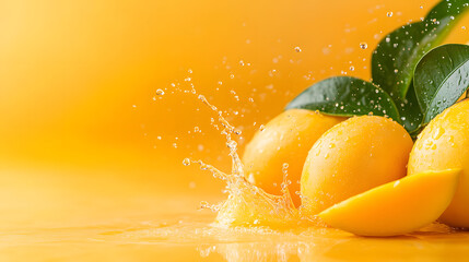 Mango fruit splashing with water drops on yellow background. Fresh tropical fruit.