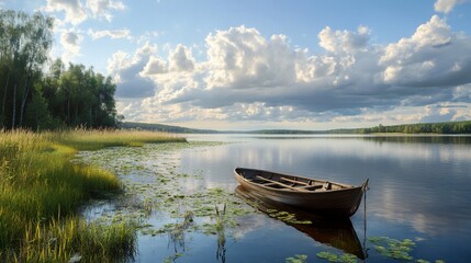 Fototapeta premium Serene lake boat, summer sunset, calm waters, idyllic scene, nature travel