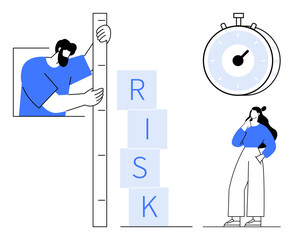 Man using a ruler to measure stacked blocks labeled RISK, woman observing thoughtfully, large stopwatch in background. Ideal for risk assessment, time management, decision making, business strategy