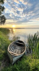 Serene sunset lake, old rowboat ashore, calm water, peaceful evening scene