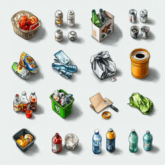 Recycling and Waste Icons – Realistic Trash, Plastic, Glass, and Paper Disposal Symbols
