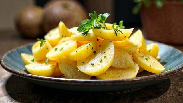 4k frame fried potatoes with greens in a plate standing on the table.