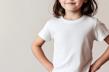 Fototapeta premium Mockup of a kids' white t-shirt worn by a smiling child. Close-up shot highlighting fabric texture and fit. Neutral beige background with soft lighting, ideal for branding and textile patterns