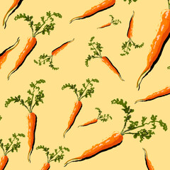 Pattern with carrots on yellow background, vegetables, orange vegetable, print for cafe