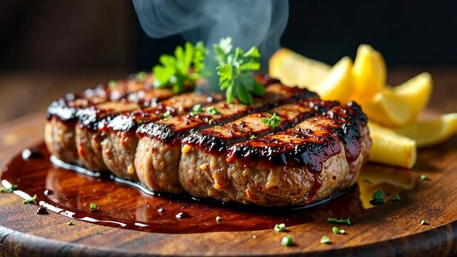 4k footage of a juicy, steaming steak lying on a table