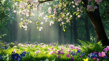 Obraz premium Lush green field brimming with vibrant blooms adjoins pink-blue forest