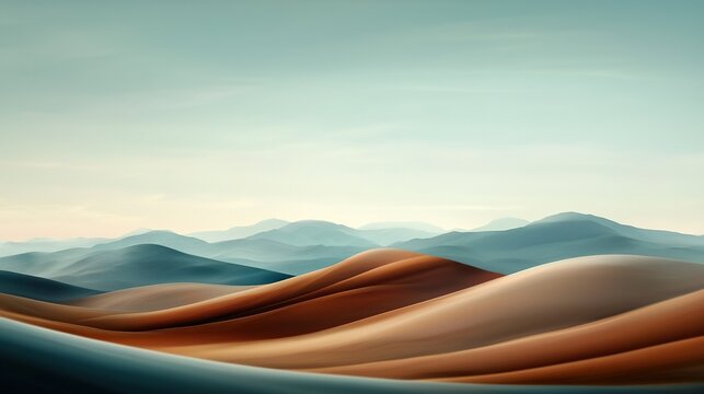   A painting of a desert landscape with rolling hills in the distance and a blue sky in the background, adorned with fluffy clouds