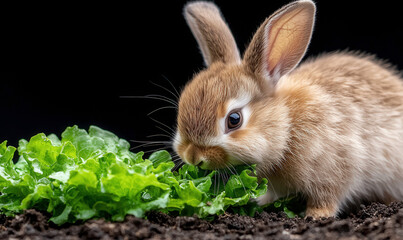 Fototapeta premium Adorable brown rabbit munching on fresh green lettuce in a dark background, showcasing the beauty of nature and the joy of healthy eating for pets