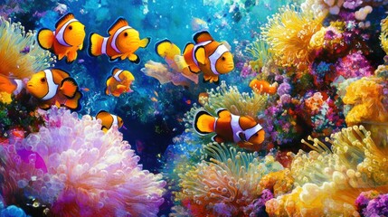 Fototapeta premium School of Tropical Fish Among Sea Anemones unsere