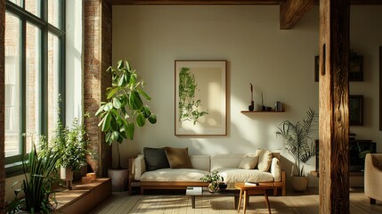   A cozy living room featuring a sofa, armchair, coffee table, lush greenery, and a tastefully hung portrait