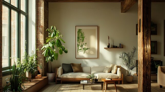   A cozy living room featuring a sofa, armchair, coffee table, lush greenery, and a tastefully hung portrait