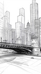 Architectural Sketch of a City Bridge with Perspective Depth, Featuring Structural Details and Urban Design in a Loose Artistic Drawing Style