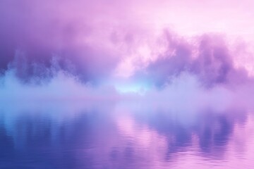 Fog envelops tranquil waters, displaying shifting prismatic colors at twilight