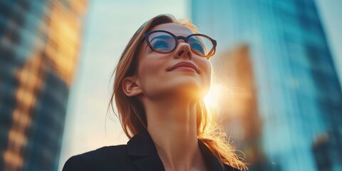 Woman in glasses gazing upward against modern cityscape at sunset with sunlight illuminating her face
