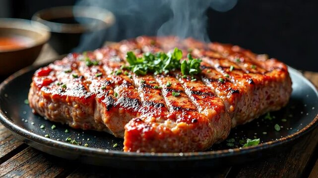 4k footage of a juicy, steaming steak lying on a table