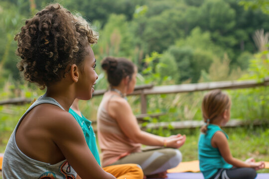 Family Wellness Retreat: Diverse Families Engage in Yoga and Mindfulness in Nature