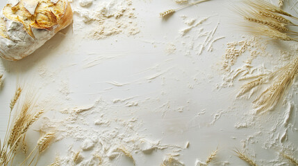 Freshly baked bread displayed on a white rustic table, bordered by wheat stalks and dusted with flour, captured from above with empty space in the center. 