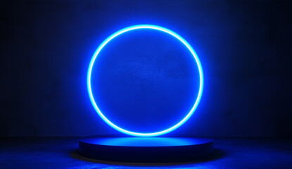 3D render, abstract futuristic background with blue neon light ring in dark empty room.