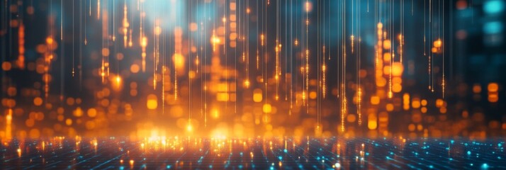 Obraz premium Abstract Technology Background, Digital Rain with Glowing Points and Lines, Futuristic Data Flow