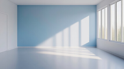 Fototapeta premium Bright and Modern Empty Room with Light Blue Wall and Large Windows Showcasing Soft Shadow Effects From Natural Daylight