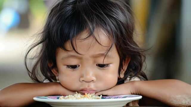 Hungry, starving, poor little child looking at the camera	
