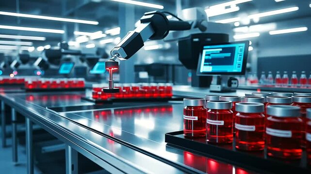 A pharmaceutical production facility with sterile, high-tech machines processing a batch of red medicine bottles, robotic arms carefully placing them into organized containers.
