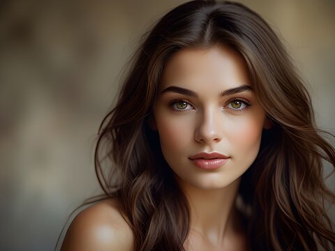 Portrait of young woman with long dark hair in studio background