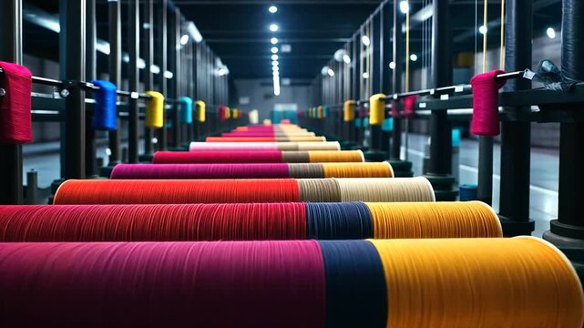 A vast textile factory filled with rows of high-tech weaving machines, spools of vibrant red, blue, and yellow threads feeding into the looms as workers oversee the production proc