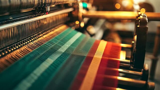 A close-up of a weaving machine, where golden, emerald, and crimson threads intertwine seamlessly, creating a mesmerizing fabric pattern under soft industrial lighting.