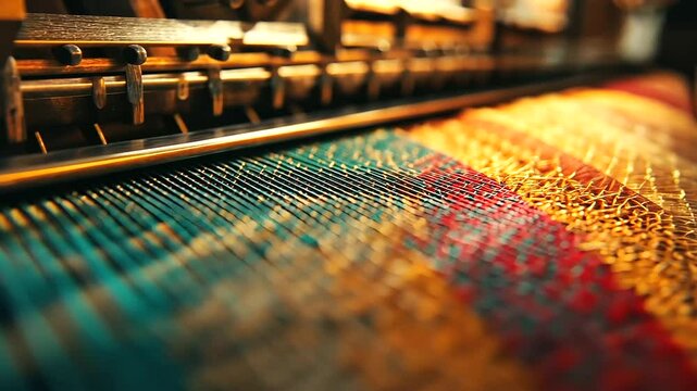 A close-up of a weaving machine, where golden, emerald, and crimson threads intertwine seamlessly, creating a mesmerizing fabric pattern under soft industrial lighting.