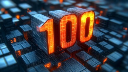 Glowing Digital Big 3D Number 100 in Futuristic Metaverse Style on an Abstract Technology Background