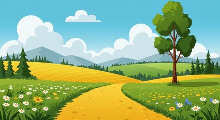 Fototapeta premium A vibrant flat illustration of a countryside landscape with a golden dirt path winding through lush green fields