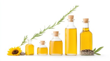 Variety of Oil Bottles with Sunflower and Leaves on White Background