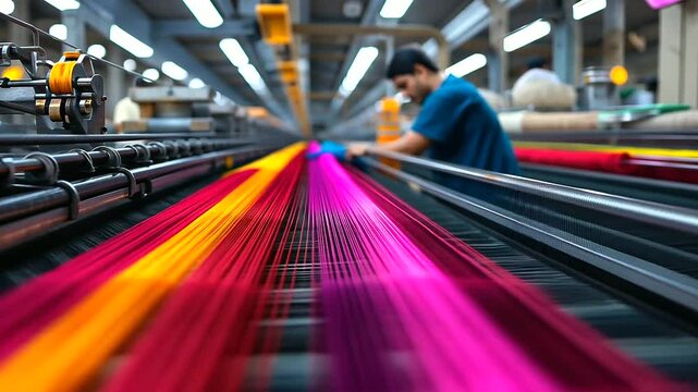 A traditional textile factory with modern equipment, where an experienced worker inspects the smooth flow of vividly dyed threads through precision looms.