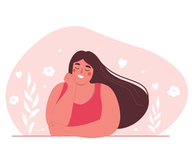 A young woman dreams, props her head with her hand, has a positive attitude. Romantic girl in her thoughts. Vector flat graphics.