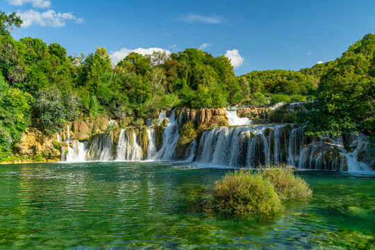 Croatia, Dalmatia, Krka National Park - 20 August 2024 - Idyllic view of a waterfall at Krka National Park in Croatia