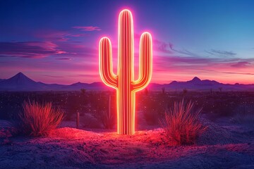Neon cactus with glowing outline, desert at night theme.
