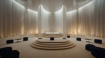 Minimalist beige ceremony hall, calm interior, soft lighting, peaceful background, event venue