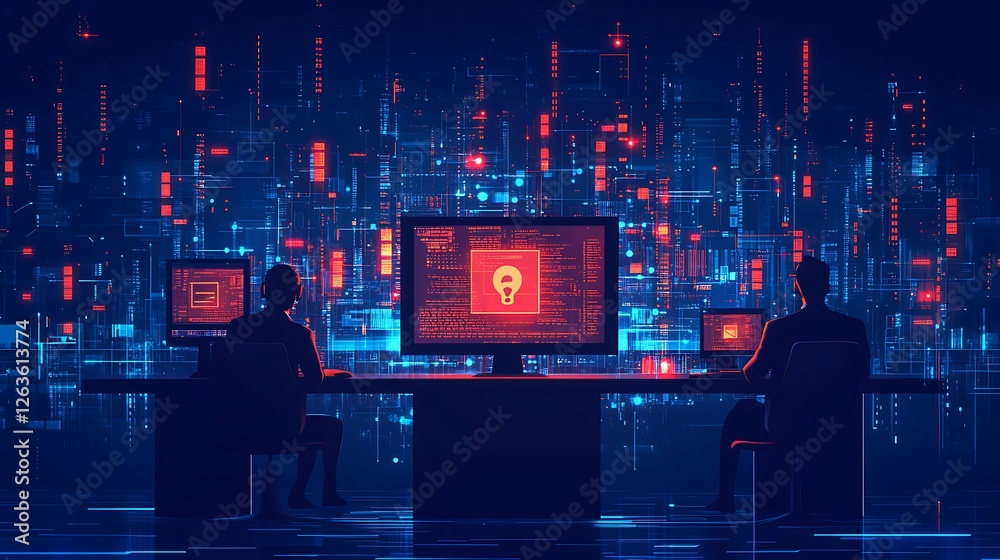 Aufkleber two programmers work late at night in a futuristic-looking office, illuminated by glowing screens di