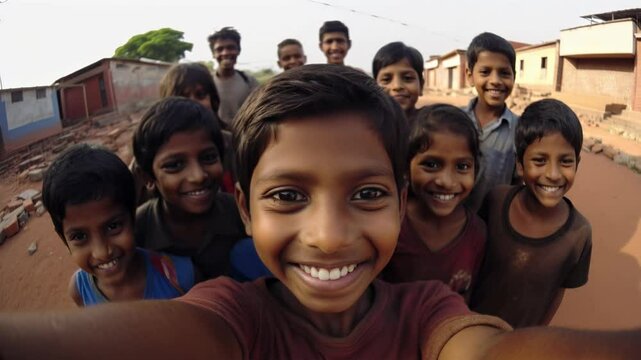 Smiing happy asian, poor little children looking at the camera	
