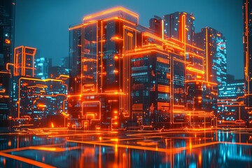 Glowing neon skyline of a futuristic city at night, cyber aesthetic.