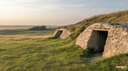 Obraz premium Stone cellars in grassy field at sunrise. Possible use Stock photo for travel, history, or rural landscapes