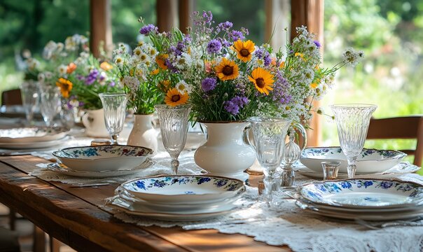 Elegant table setting with floral arrangements and fine china in a rustic setting - Powered by Adobe