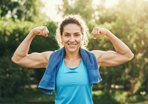 Confident woman flexing her muscles after a workout in a sunny park