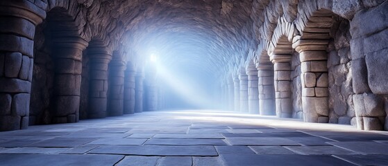 Stone corridor, light at end, arched ceiling, game background