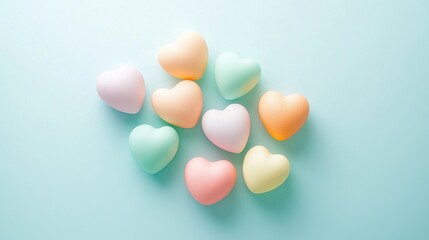   A cluster of heart-shaped candies rests on a blue-green table, adjacent