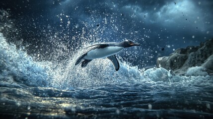 Obraz premium Penguin Diving into Icy Waters