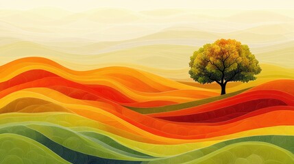 Colorful autumn landscape with lone tree
