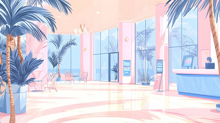 Tropical Hotel Lobby Reception Area with Ocean View, Palm Trees, and Check-in Desk for Travel and Tourism Websites