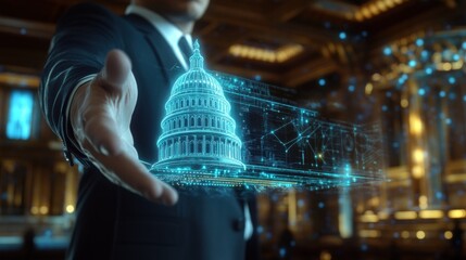 Government cybersecurity in the hands of an expert.  A politician holds a hologram of the Capitol building